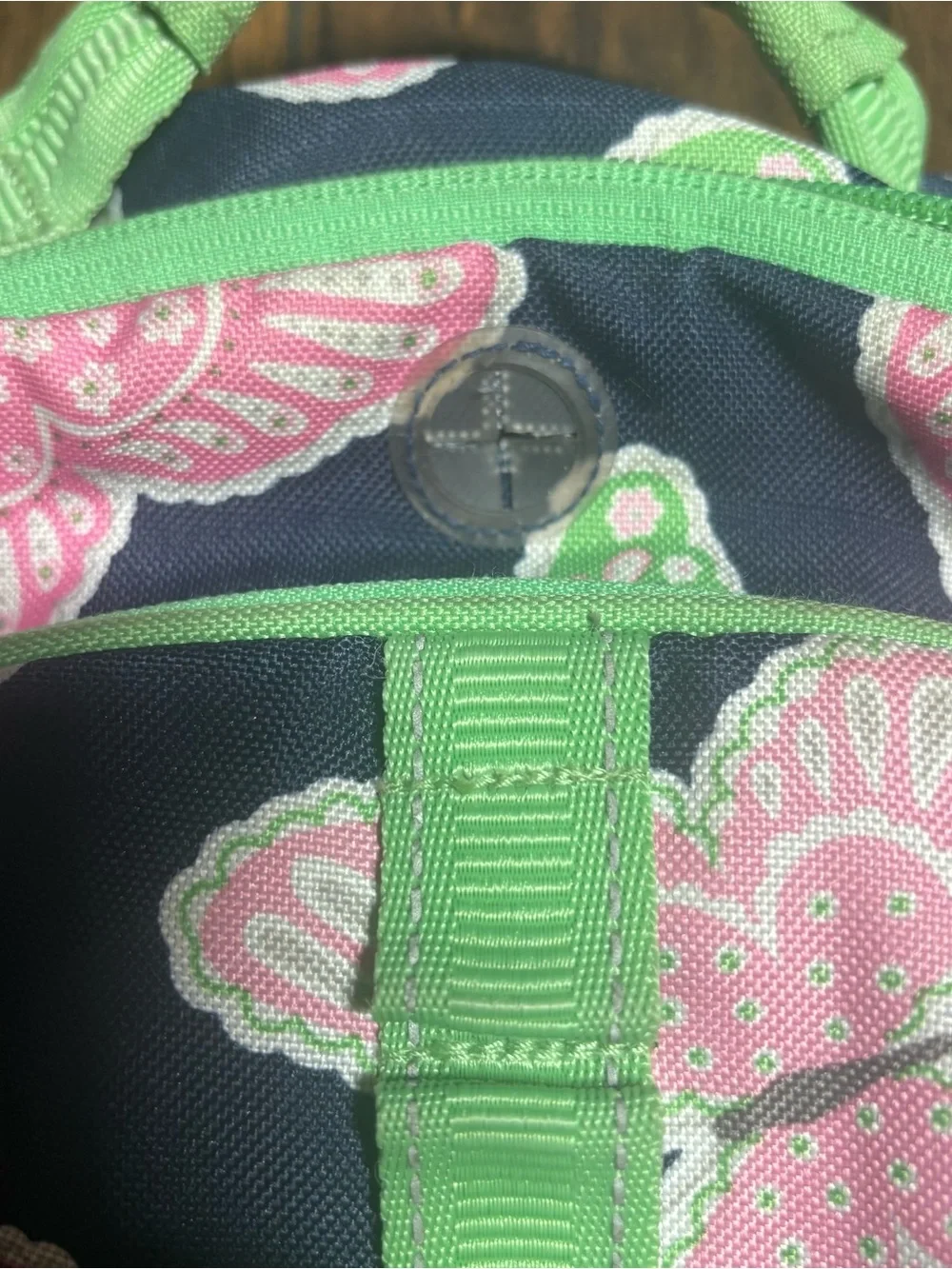 Pottery Barn Large “Reagan” Navy Backpack with Pink Butterflies & Green Trim